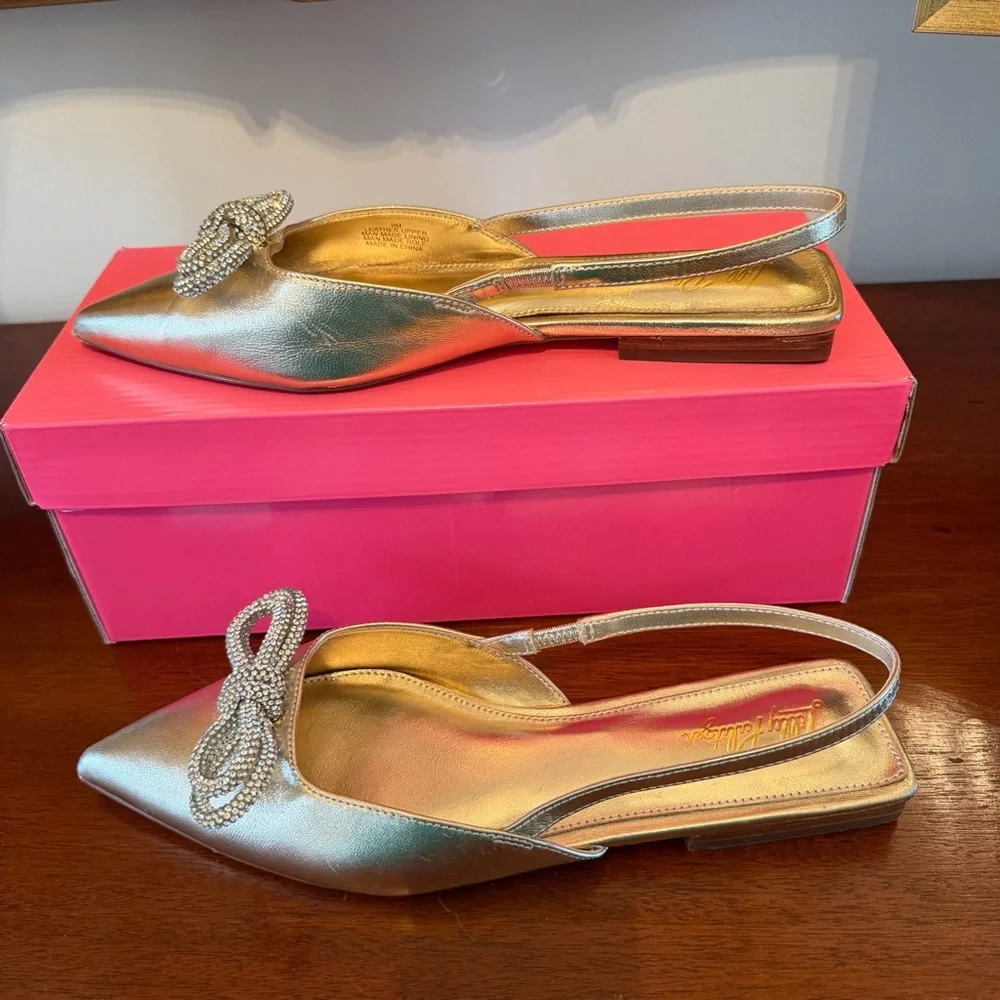 Lilly Pulitzer Brit Gold Rhinestone Bow Slingback Flats Size 9